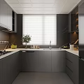 Modern Kitchen Interior With Gray Cabinets Countertops Window Blinds And Appliances 3d model