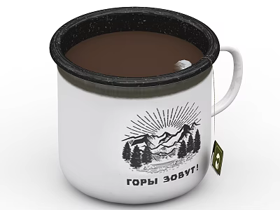 White Enamel Cup With Mountain Tree Design Black Rim And Hot Marshmallow Drink 3d model
