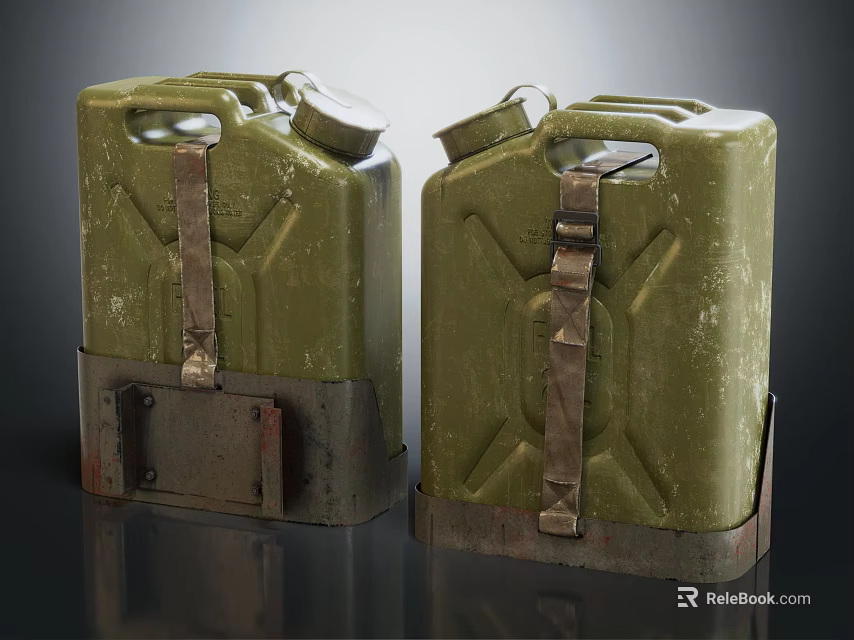 Old Green Jerry Cans Pair With Metal Straps And Solid Base 3d model