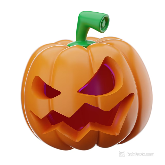 Halloween Themed Carved Pumpkin Decorative Ornament Set With Orange Body And Green Stem 3d model 