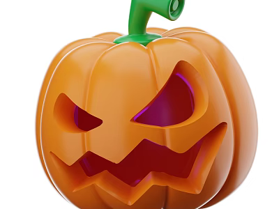 Halloween Themed Carved Pumpkin Decorative Ornament Set With Orange Body And Green Stem 3d model