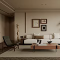 Modern Living Room Interior With White Sofa Wooden Coffee Table Artwork And Plant