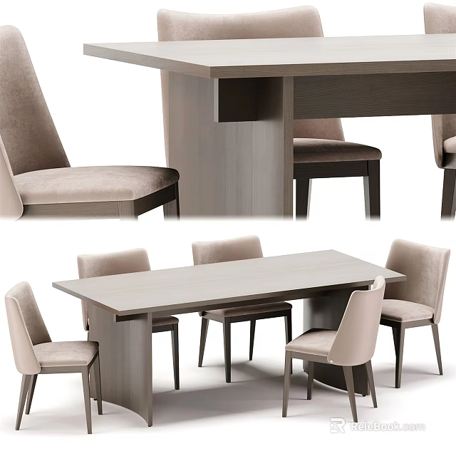 Modern Light Colored Wooden Dining Table Set With Upholstered Chairs 3d model