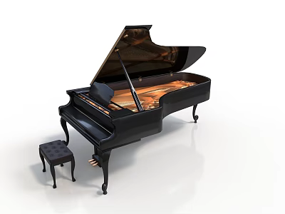 Elegant Black Grand Piano With Stool For Home Living Room Decor 3d model