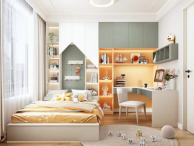 Cozy Tatami Bedroom Interior With Bed Bookshelves Desk Plants And Decorative Elements 3d model