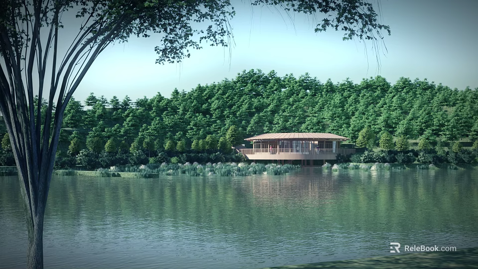 Lakeside Wooden Building Surrounded By Lush Green Forest And Calm Water Reflection 3d model 