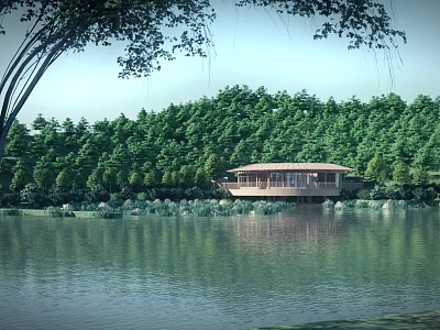 Lakeside Wooden Building Surrounded By Lush Green Forest And Calm Water Reflection 3d model