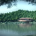 Lakeside Wooden Building Surrounded By Lush Green Forest And Calm Water Reflection