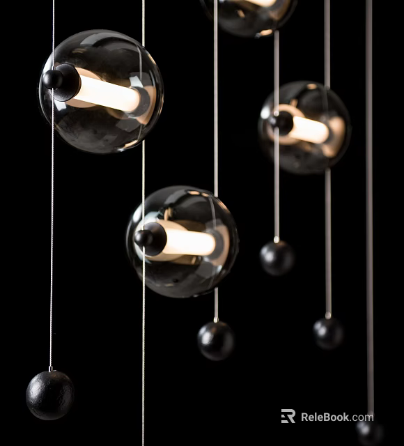 Three Illuminated Black Transparent Spherical Pendant Lights With Metal Rods And Small Metal Balls 3d model 