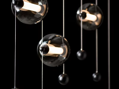 Three Illuminated Black Transparent Spherical Pendant Lights With Metal Rods And Small Metal Balls 3d model