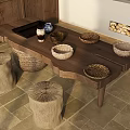 Rustic Wooden Table With Woven Baskets Clay Pot And Woven Stools By Wooden Wall