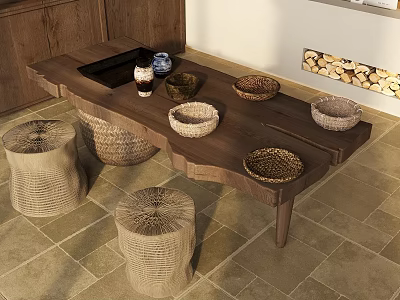Rustic Wooden Table With Woven Baskets Clay Pot And Woven Stools By Wooden Wall 3d model