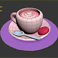 Pink Beverage With Latte Art In Cup On Pink Saucer Blue Spoon And Pink Dessert