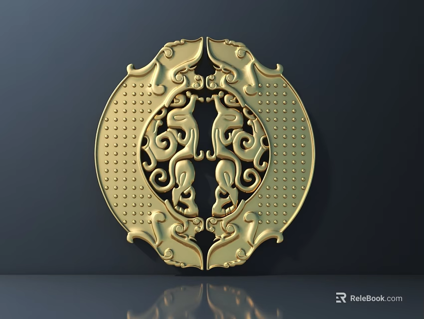 Golden Circular Handle With Symmetrical Dragon Carvings And Dot Decorations In Traditional Chinese Style 3d model 