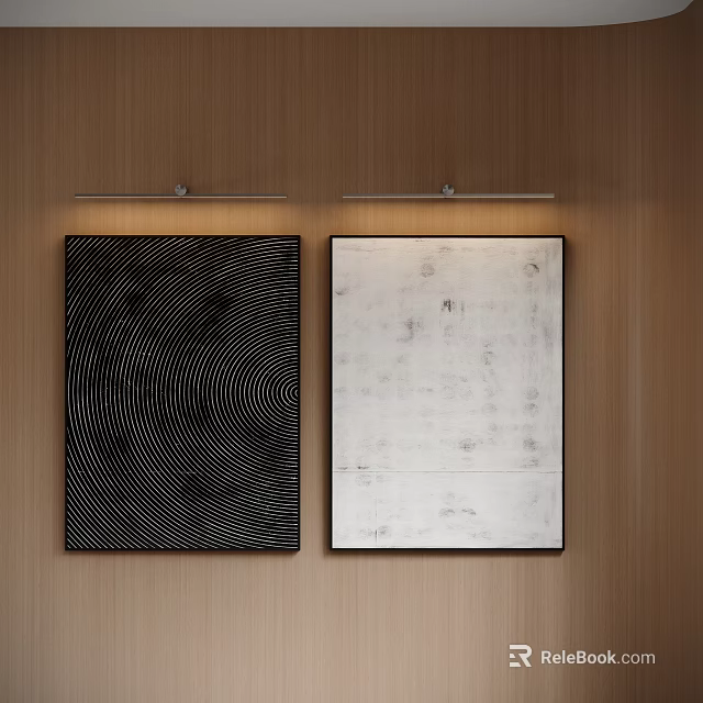Two Abstract Paintings on Wooden Background Wall Featuring Black Concentric Patterns and Light Textures 3d model