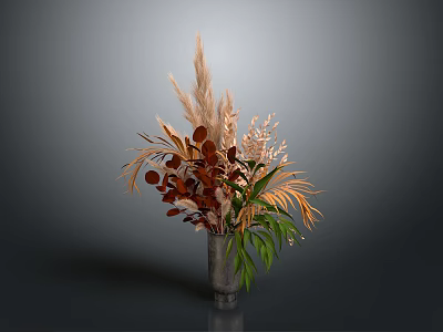 Stylish Metallic Vase With Dried Flowers And Brown Orange Green Leaves 3d model