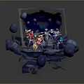Game and Movie Characters Standing on Broken Rock Platform With Dark Smoke and Colorful Gear