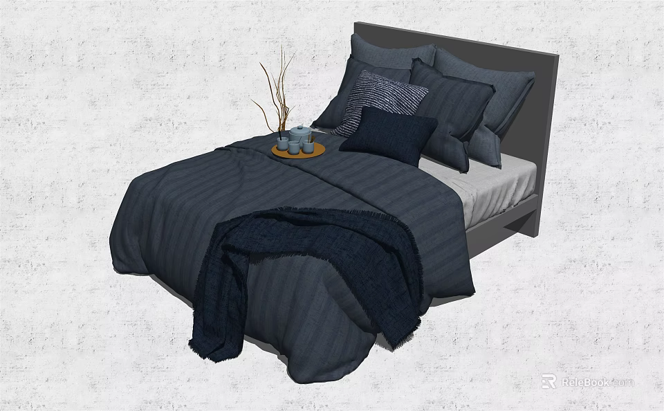 Modern Double Bed With Dark Striped Bedspread Multiple Pillows And Tray With Vase 3d model