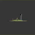 Cartoon Scene Featuring Round Island Green Grass Blue Water Gray Archway Stone Path Red Decorations
