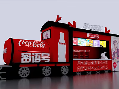 Coca Cola Themed Train Shaped Display Booth With Red White Design And Antler Decorations 3d model