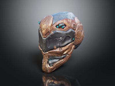 Futuristic Mechanical Helmet With Intricate Brown Black Design And Turquoise Accents 3d model