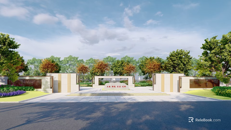 Main Entrance Gate With Symmetrical Pillars And Lush Green Trees Around 3d model 