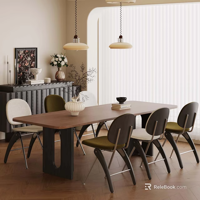 Modern Dining Table Set With Green And White Chairs Hanging Pendant Lights And Console Decorations 3d model 
