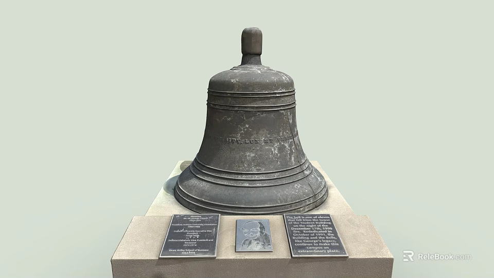 Antique Bronze Bell Mounted On Stone Base With Plaques And Central Portrait 3d model 