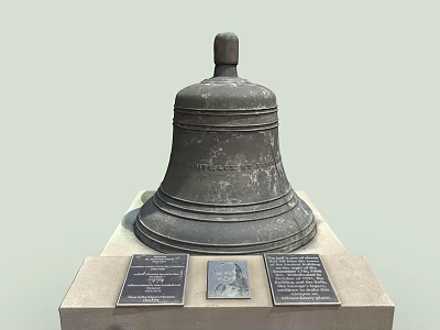 Antique Bronze Bell Mounted On Stone Base With Plaques And Central Portrait 3d model