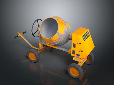 Yellow Portable Concrete Mixer With Wheels And Control Panel Frame 3d model