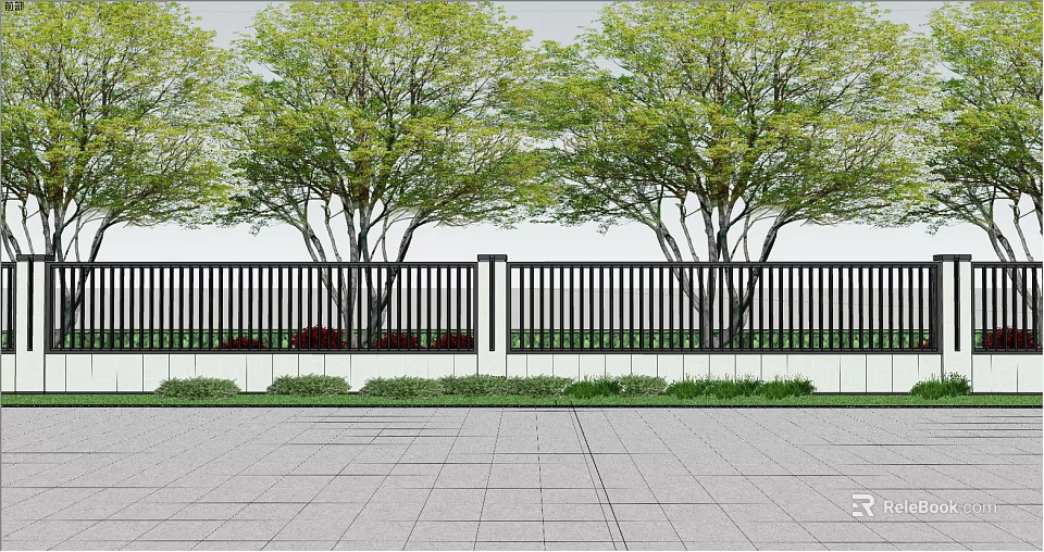 Modern Building Exterior Wall With Black Fence Green Trees Grass And Paved Ground 3d model 