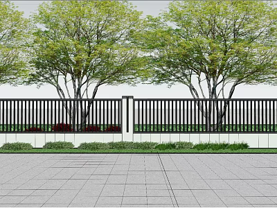Modern Building Exterior Wall With Black Fence Green Trees Grass And Paved Ground 3d model