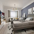 Modern Apartment Living Room with Gray Sofa Geometric Rug Decorative Paintings and Chandelier