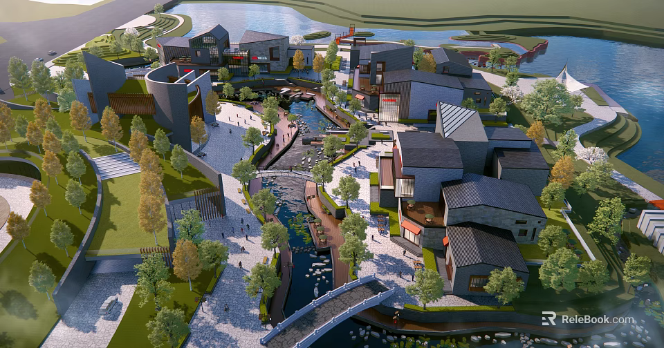 Scenic Commercial Street With River Bridge Traditional Buildings And Green Trees 3d model 