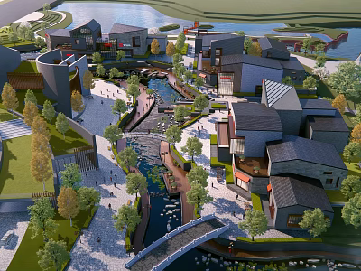 Scenic Commercial Street With River Bridge Traditional Buildings And Green Trees 3d model