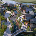 Scenic Commercial Street With River Bridge Traditional Buildings And Green Trees