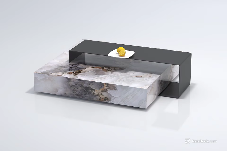 Modern Coffee Table With Black Frame Marble Top And Yellow Lemon On White Plate 3d model 