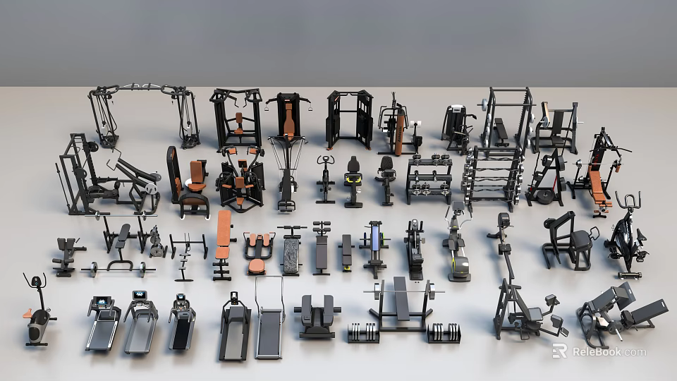 Various Fitness Equipment Including Strength Training And Cardio Machines For Gym 3d model 