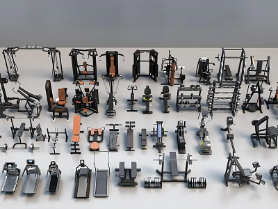 Various Fitness Equipment Including Strength Training And Cardio Machines For Gym 3d model