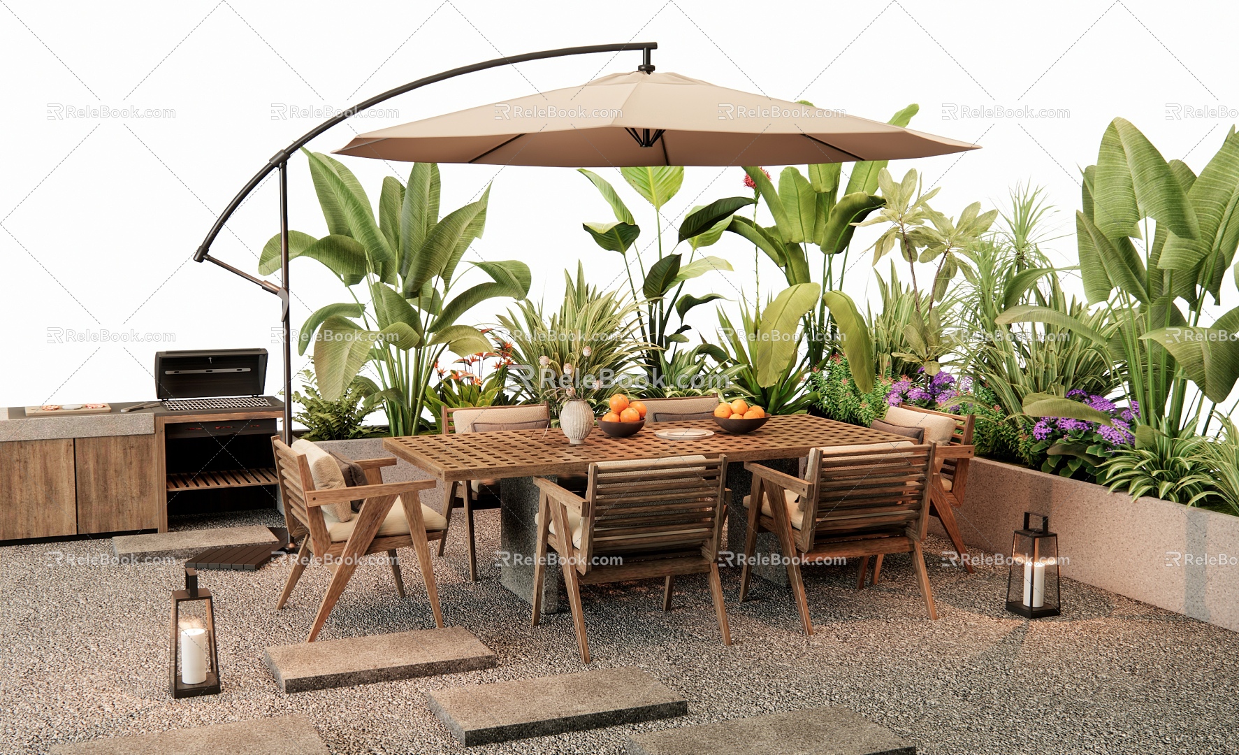 Modern Outdoor Table and Chair Camping Landscape Outdoor Chair Plant Pile Flower Pond Plant Combination Barbecue model