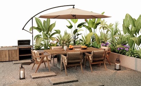 Modern Outdoor Table and Chair Camping Landscape Outdoor Chair Plant Pile Flower Pond Plant Combination Barbecue 3d model