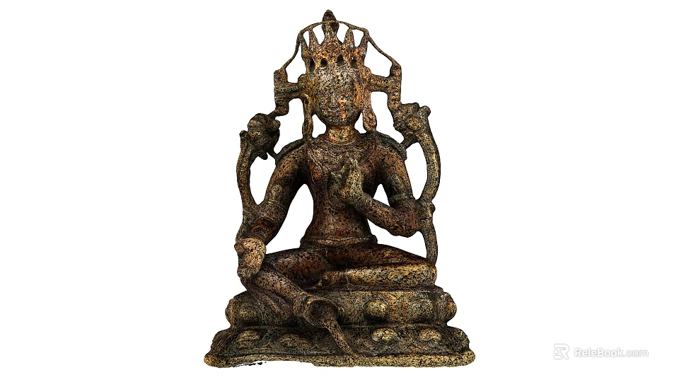 Ancient Bronze Buddha Sculpture Featuring Multi Armed Seated Pose Intricate Headdress And Detailed Base 3d model 