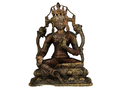 Ancient Bronze Buddha Sculpture Featuring Multi Armed Seated Pose Intricate Headdress And Detailed Base 3d model