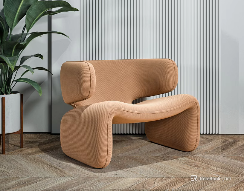 Modern Tan Accent Chair With Unique Curved Shape Vertical Striped Wall And Green Plant 3d model 