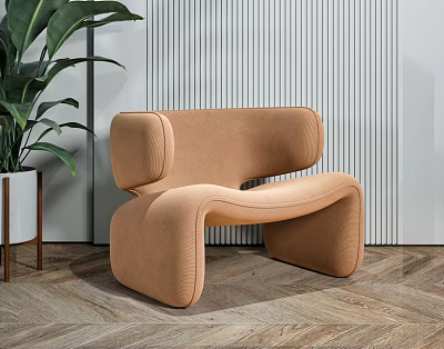 Modern Tan Accent Chair With Unique Curved Shape Vertical Striped Wall And Green Plant 3d model
