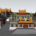 Ancient Chinese Architecture Traditional Design With Yellow Roof Blue Walls Red Doors And Stone Steps