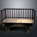 Vintage Wooden Bench Featuring Black Red Railing And Distressed Wood Seat