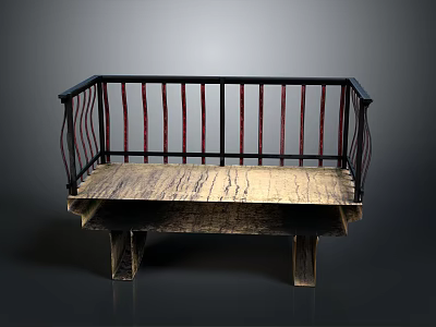 Vintage Wooden Bench Featuring Black Red Railing And Distressed Wood Seat 3d model