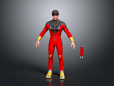 Game Movie Character 3D Model In Red Bodysuit With Black Shoulders Yellow Cuffs And Shoes 3d model
