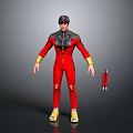 Game Movie Character 3D Model In Red Bodysuit With Black Shoulders Yellow Cuffs And Shoes